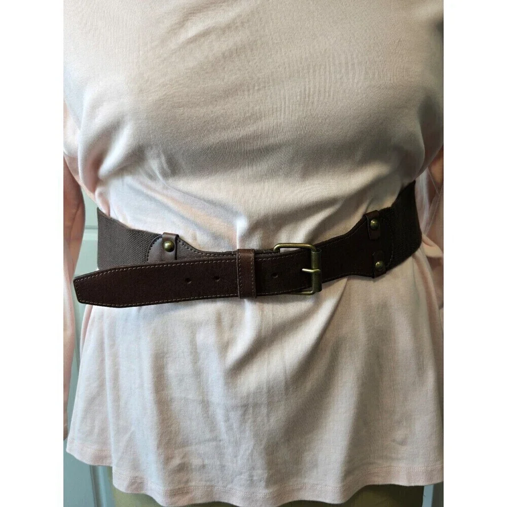 TALBOTS WIDE STRETCH LEATHER STATEMENT BELT COCO BROWN BRASS BUCKLE WOMEN OS